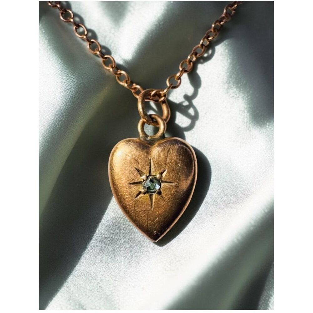 ANTIQUE 10K Gold Old Mine Cut Diamond Heart Puff Necklace - 14" -Victorian -1.6g